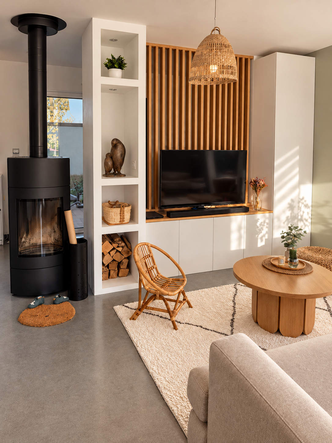 Salon chaleureux avec poêle à bois noir, meuble TV sur mesure, claustra en bois, fauteuil en rotin et table basse ronde