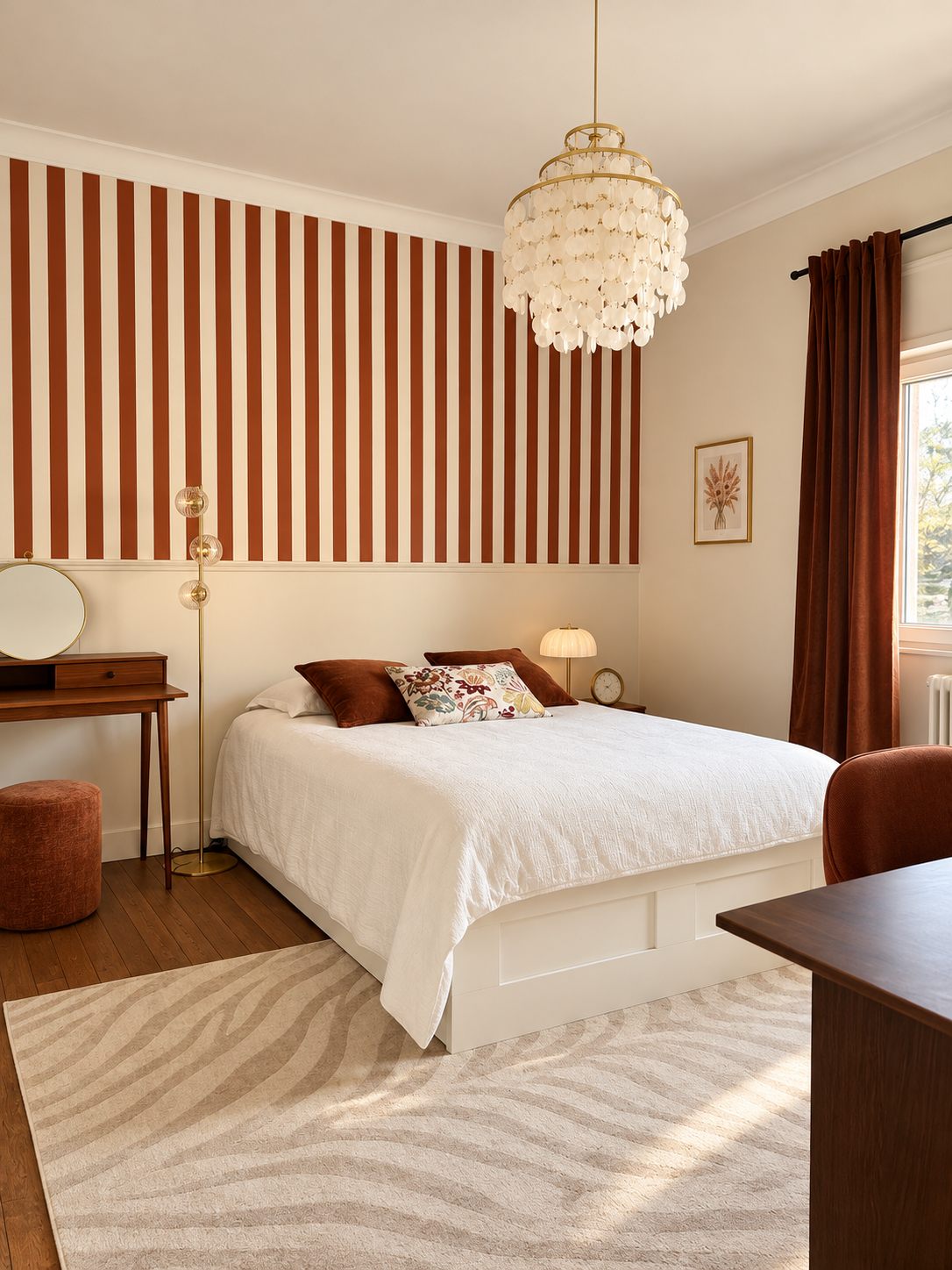 Chambre élégante et chaleureuse aux tons terracotta et crème, avec papier peint à rayures, lit blanc, mobilier en bois, suspension en nacre et rideaux assortis.