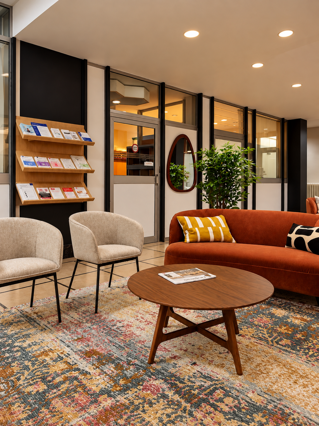 Espace d’attente contemporain de la Banque de France, aménagé avec des fauteuils gris clair, un canapé en velours terracotta, des tables basses en bois et des tapis colorés. Des plantes vertes, des cloisons vitrées à structure noire et un présentoir à brochures complètent cet espace lumineux, élégant et chaleureux.