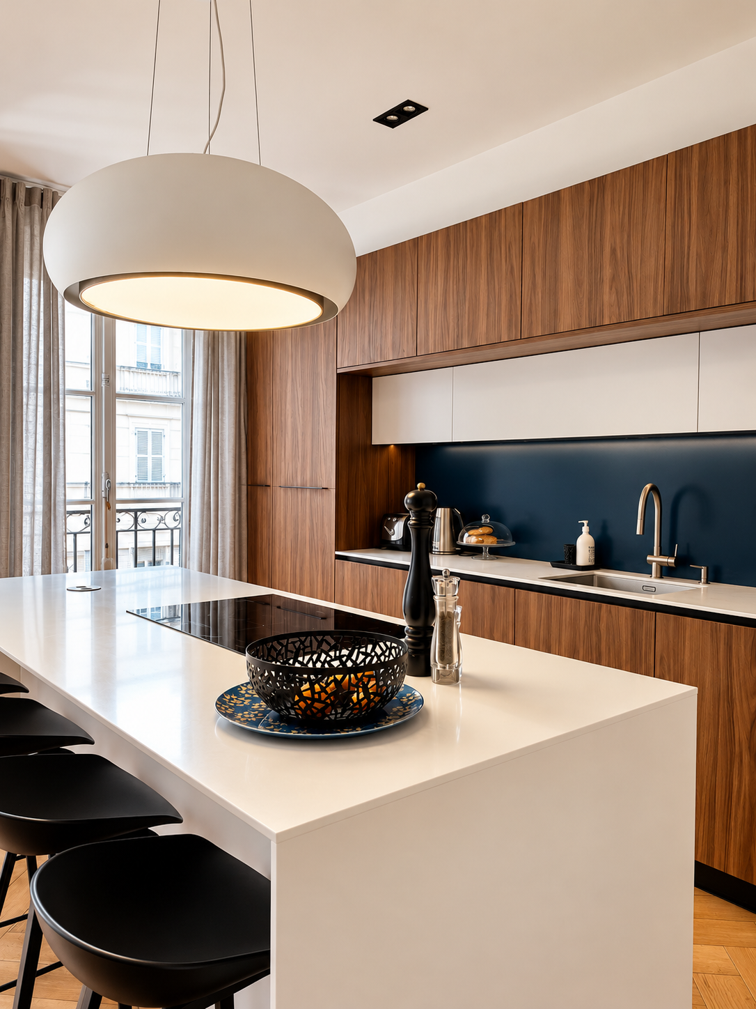 Cuisine contemporaine haut de gamme aux lignes épurées, associant des façades en bois naturel aux nuances chaleureuses, des placards blancs et une crédence bleu nuit. Un grand îlot central blanc, équipé d’une plaque de cuisson et accompagné de tabourets noirs, structure l’espace. Une suspension blanche arrondie apporte une lumière douce, tandis qu’une grande fenêtre habillée de rideaux en lin laisse entrer la lumière naturelle. Le parquet en bois posé en chevrons complète cette ambiance élégante, moderne et raffinée.