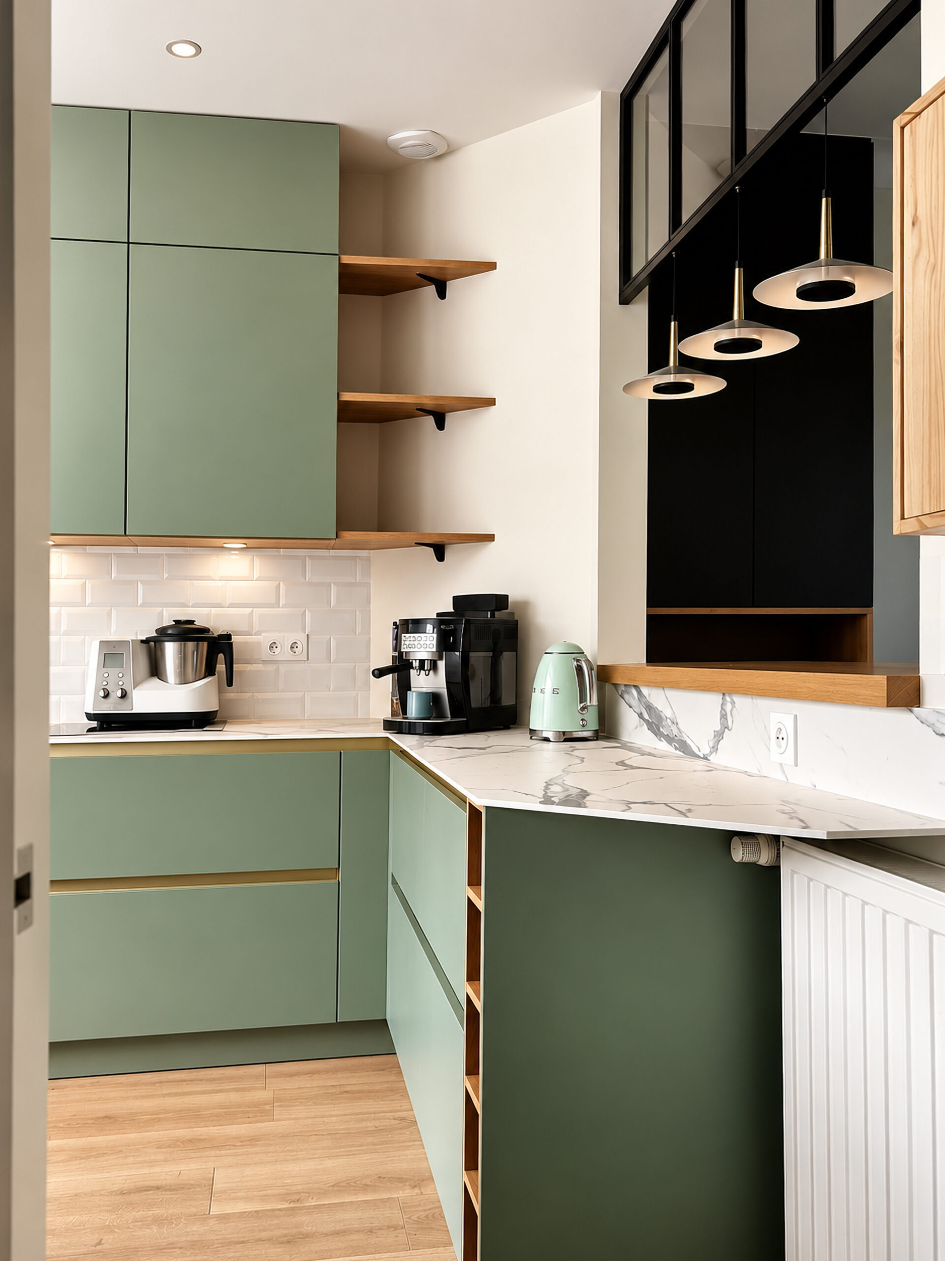 Cuisine contemporaine aux façades vert sauge, associées à des plans de travail effet marbre blanc veiné de gris et à des touches de bois naturel. Des étagères ouvertes, une crédence en carrelage métro blanc et trois suspensions noires et dorées apportent du caractère à l’espace. Une verrière noire structure l’ouverture vers la pièce voisine, tandis que le parquet en bois clair crée une ambiance chaleureuse et élégante.