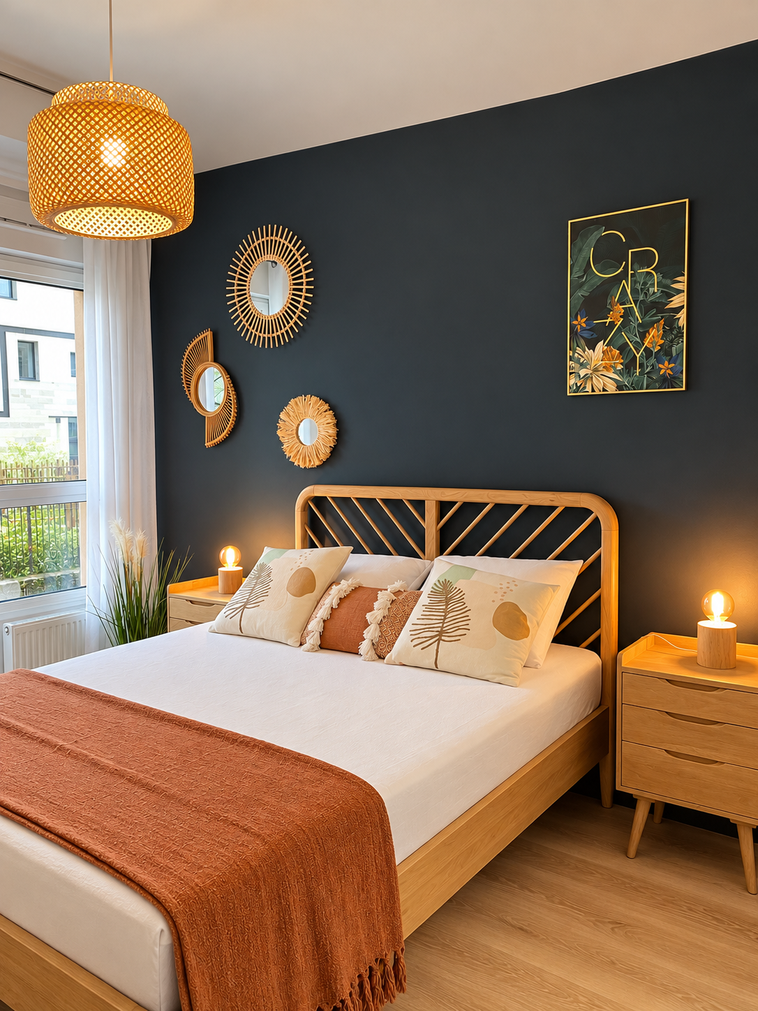 Chambre élégante et chaleureuse à la décoration naturelle, associant mobilier en bois, textiles aux tons terracotta, mur sombre contrastant, luminaires en fibres tressées et accessoires décoratifs pour une atmosphère douce et apaisante.