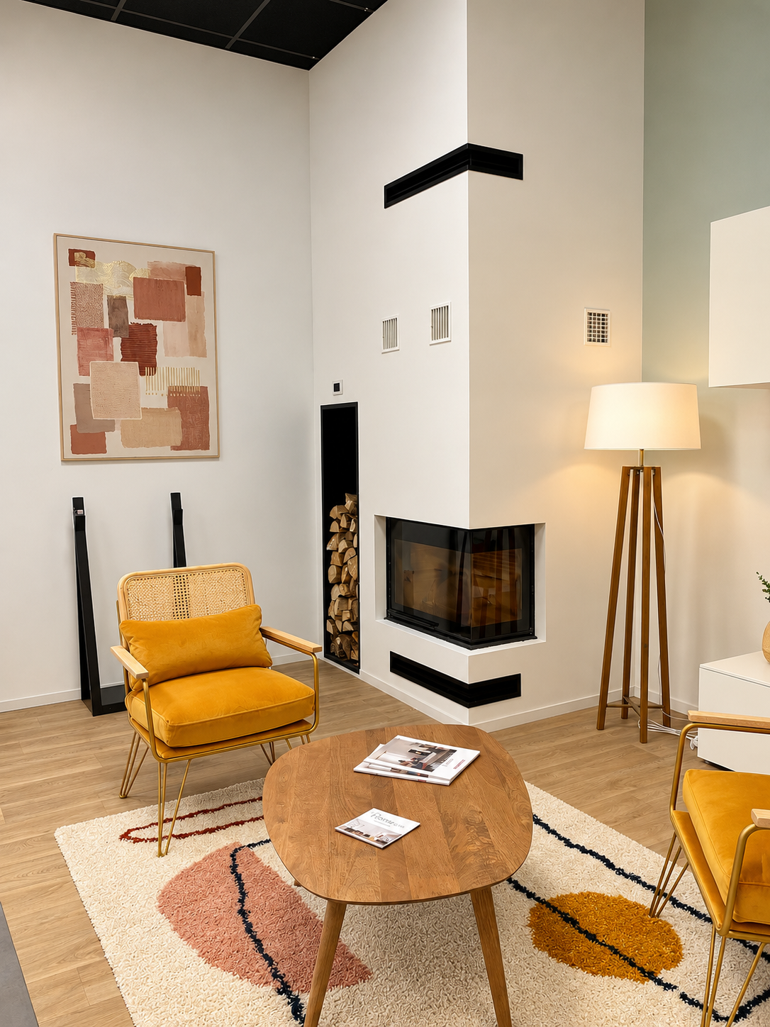 Coin salon contemporain et chaleureux, aménagé avec deux fauteuils en velours jaune moutarde, une table basse ronde en bois et un tapis graphique aux tons crème, rose et ocre. Des rangements blancs sur mesure, des coussins colorés, des tableaux décoratifs et un mur vert sauge complètent cet espace cosy et lumineux.
