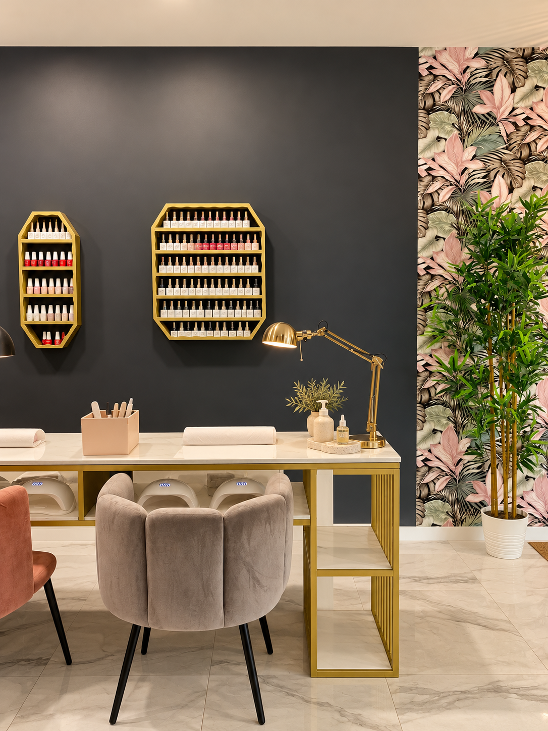 Espace de manucure élégant et raffiné au sein d’un institut de beauté, avec une table aux finitions dorées et un plateau effet marbre blanc, accompagnée de fauteuils en velours rose poudré et beige. Un mur anthracite accueille des présentoirs dorés garnis de vernis à ongles. Une lampe articulée dorée, des accessoires de manucure et des produits de soin naturels complètent cet espace. Un papier peint tropical aux nuances roses et vertes et une grande plante apportent une touche végétale et chaleureuse à cette décoration contemporaine.