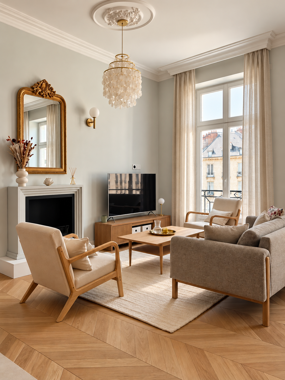 Appartement contemporain entièrement aménagé, associant élégance et matériaux naturels. Espaces de vie lumineux avec parquet en bois, mobilier aux tons neutres, cuisine rouge terracotta, murs vert sauge, moulures décoratives et luminaires raffinés. Une décoration chaleureuse mêlant modernité, confort et charme de l’ancien