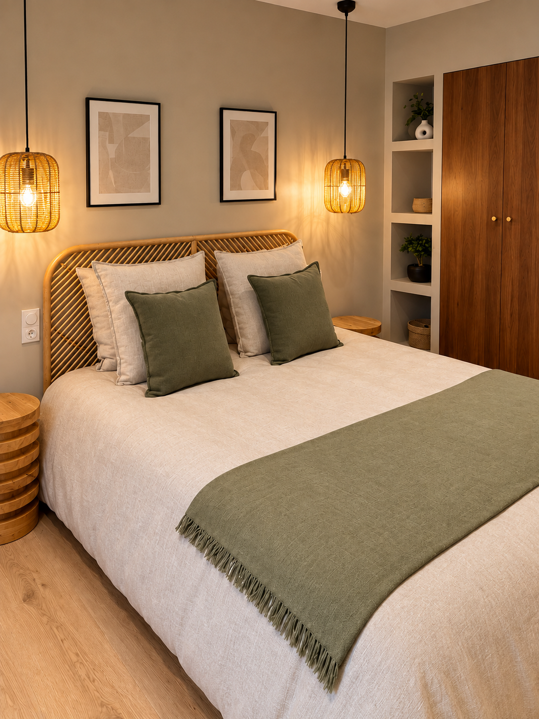 Chambre chaleureuse aux tons naturels avec lit en rotin, linge de lit beige et vert sauge, coin repas et suspensions en fibres naturelles