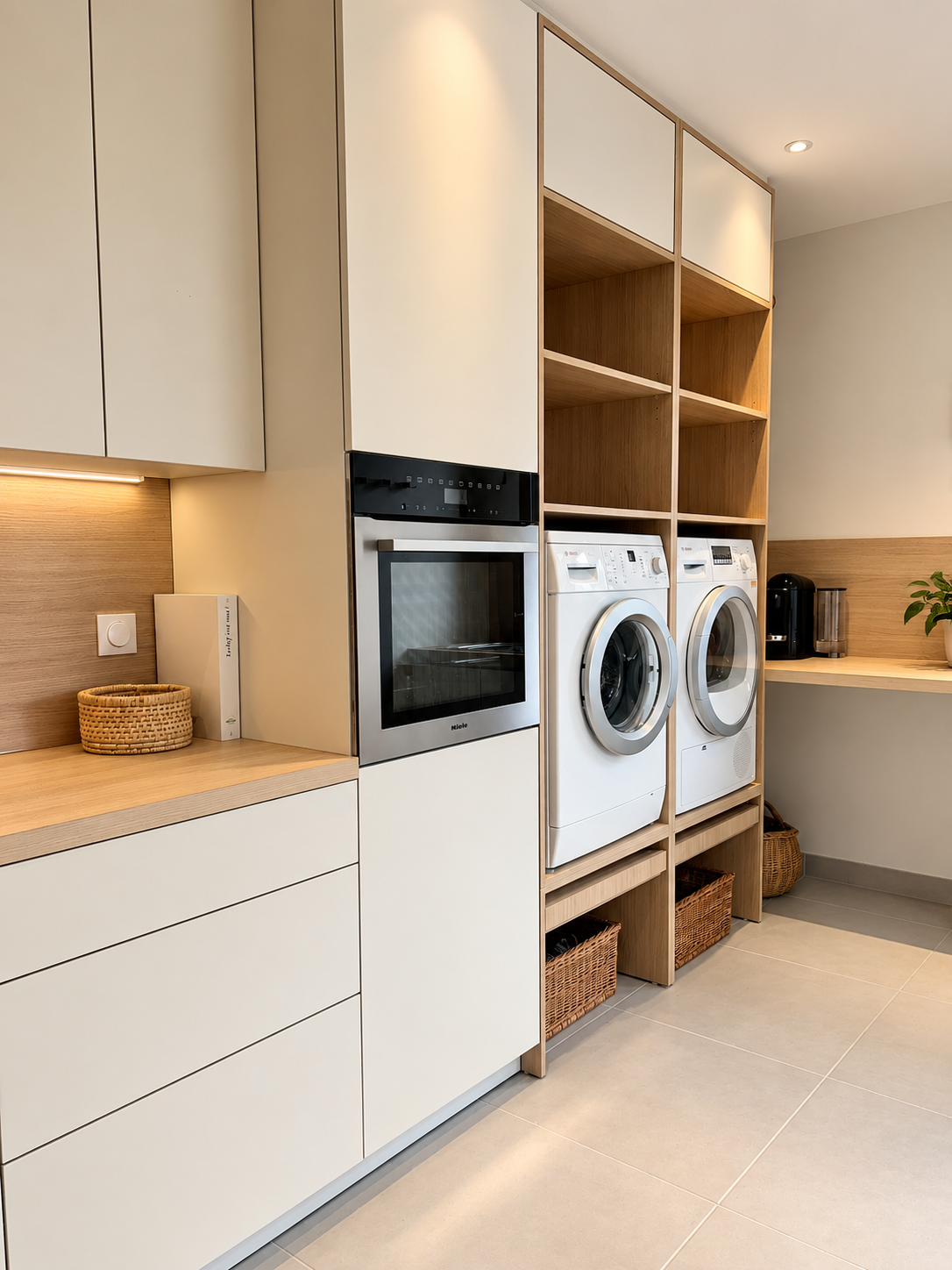 Lingerie aménagée en arrière-cuisine, au design contemporain et épuré, associant des meubles sur mesure blancs et en bois clair, de nombreux rangements intégrés, un lave-linge, un sèche-linge, un four encastré et un évier. Un espace fonctionnel et lumineux aux finitions soignées, avec un carrelage beige grand format et des matériaux naturels.