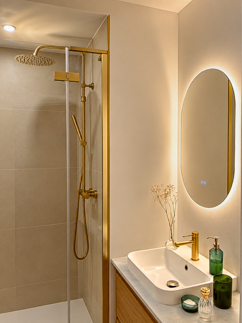 Petite salle de bain élégante avec meuble vasque en bois, miroir rétroéclairé et douche aux finitions dorées