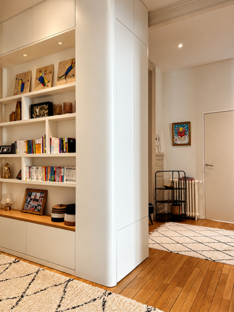 Entrée lumineuse avec bibliothèque et rangements sur mesure blancs, niches décoratives en bois et parquet chaleureux